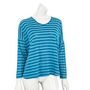 HARARI Women's V-neck Pullover Blouse blue stripe sheer size Small